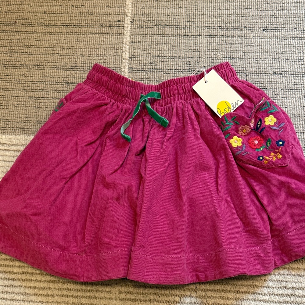Mini Boden Fuchsia Corduroy Skirt with Floral Embroidery